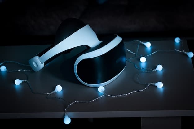 Close-up of the PlayStation VR2 headset, emphasizing its sleek design, comfortable padding, and integrated headphones, set against a blurred background of a gaming setup.
