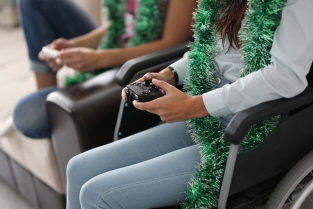 An image showcasing the Xbox Adaptive Controller connected to various assistive devices, such as large buttons, joysticks, and foot pedals. The background is a blurred view of someone playing a game using this setup.