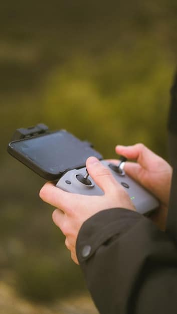 A close-up of a new, sleek, hypothetical Nintendo console controller, showing innovative button placement and a subtle holographic screen, implying advanced haptics and interactivity.