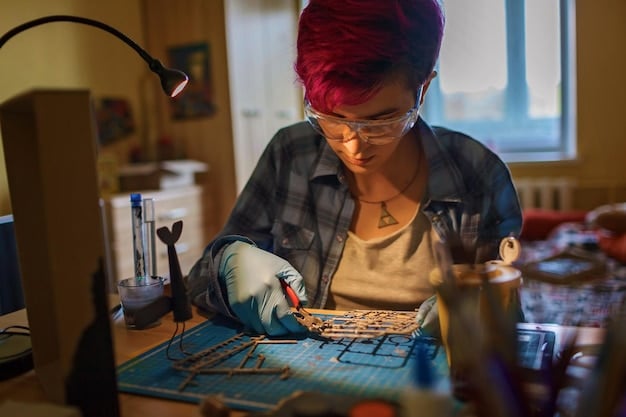 A technician with a microscope delicately soldering a component on a gaming console's motherboard, showcasing intricate repair work.