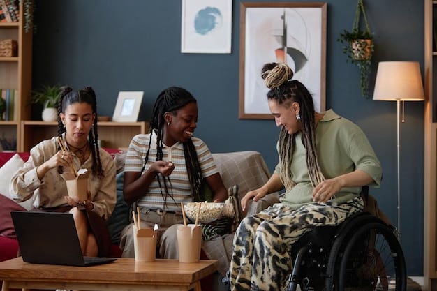 A diverse group of people, some with visible disabilities, laughing and interacting while playing video games using the Xbox Adaptive Controller and other assistive devices in a bright, modern gaming lounge. The atmosphere is joyful and inclusive.