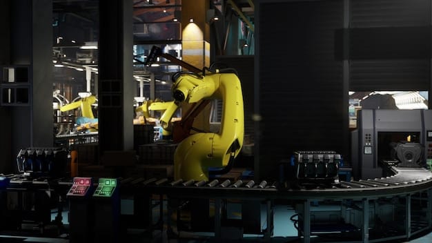 A futuristic assembly line inside a semiconductor fabrication plant, with robotic arms and advanced machinery producing chips and microprocessors. The scene conveys a sense of cutting-edge technology and high-precision manufacturing.