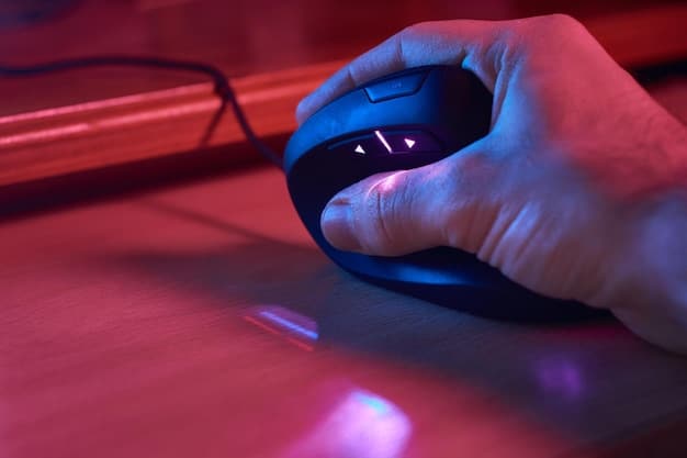 A close-up shot of a gamer's hands on a keyboard and mouse, intensely focused on a PC screen displaying a complex strategy game interface. The keyboard has customizable RGB lighting, and the mouse features multiple programmable buttons. The background is blurred but shows a high-end gaming PC case with liquid cooling.