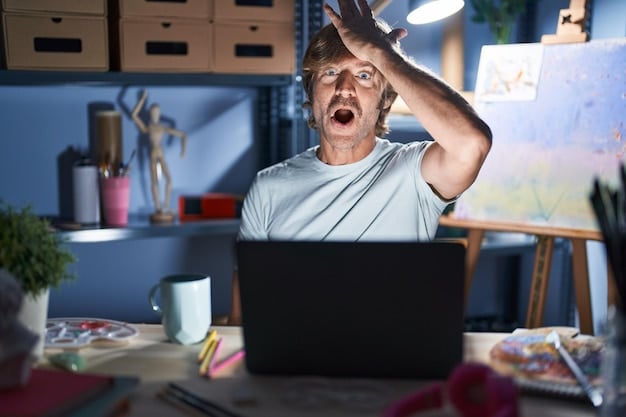 A person looking stressed and overwhelmed in front of their gaming PC. The room is dark and messy, with energy drink cans and empty snack wrappers surrounding the computer. Backlit keyboard is on, illuminating their face with a blueish tint, reflecting the feeling of mental exhaustion.