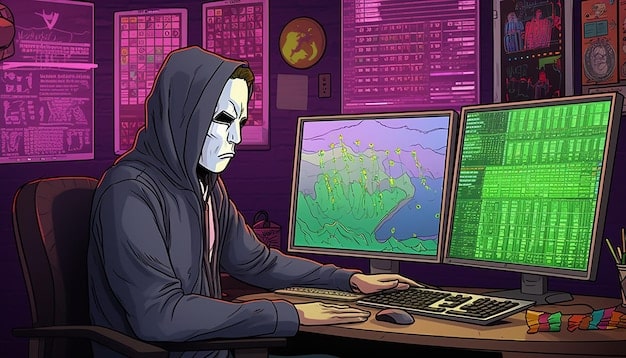 A digital illustration depicting a hooded hacker figure overlaid on various PC gaming interfaces and icons, emphasizing the looming threat of cyberattacks on gaming accounts. Code snippets and lock symbols are scattered around to reinforce the security theme.