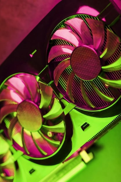 A close-up of a high-power, liquid-cooled CPU and GPU nestled within a modern PC case, glowing with subtle RGB lighting, emphasizing technological advancement in PC gaming hardware.