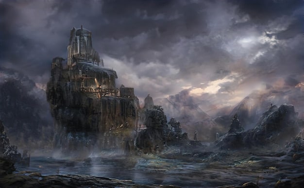 A grand, dark fantasy landscape from an RPG, featuring ancient ruins shrouded in mist, with a lone, armored hero standing in the foreground, evoking a sense of epic adventure.