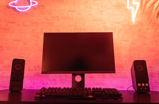 A high-performance gaming PC setup with a large 360Hz monitor, backlit keyboard, and a powerful tower visible. The user's hands are on the mouse and keyboard, showing intense focus on the screen action.
