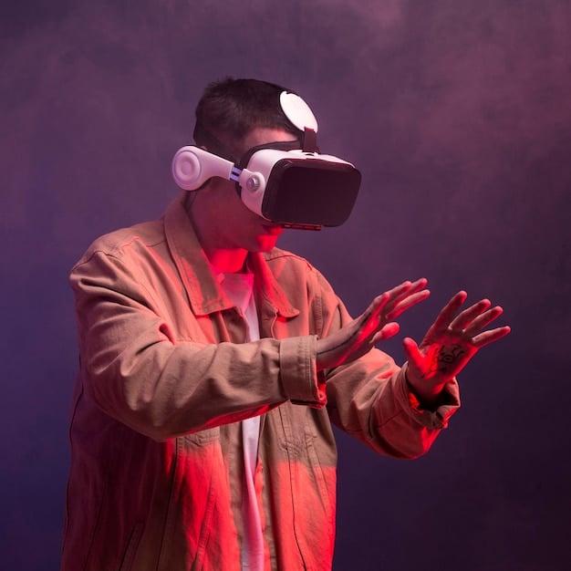 A futuristic gamer wearing a sleek VR headset, immersed in a vibrant virtual world with haptic feedback gloves.