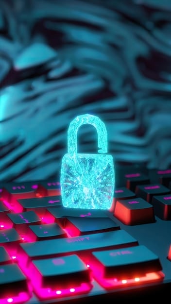 A strong digital padlock over a gaming controller, emphasizing account security in a modern, vibrant style.