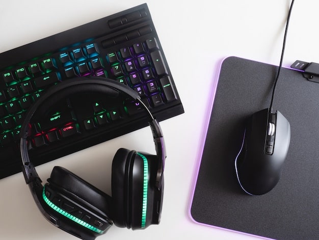 A well-organized gaming setup featuring a high-end headset, ergonomic keyboard, and a gaming mouse, highlighted with a soft glow to exemplify the quality and benefits purchasable with Game Pass Perks discounts.