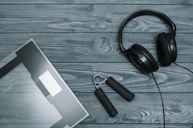 A gaming headset with a clear microphone, resting on a desk next to a gaming keyboard, suggesting communication and streaming capabilities. The background is slightly blurred but suggests a modern home office/gaming setup.