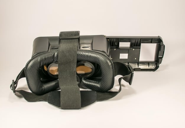 A disassembled view of a modern VR headset, showcasing its internal components, including the high-resolution display, lenses, sensors, and processing unit. The image highlights the complex technology packed into these devices.