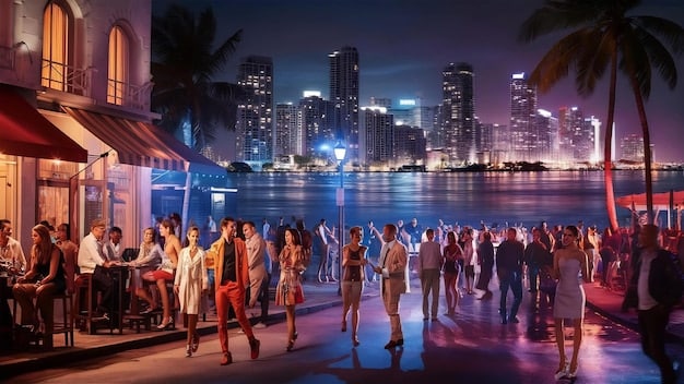 A bustling rooftop party in a Vice City-inspired high-rise, with diverse characters dancing under neon lights, overlooking a sprawling city at night. The scene captures a sense of excess and vibrant nightlife.
