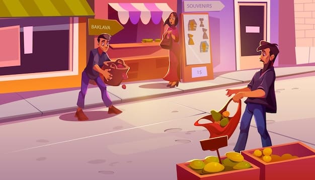 A detailed street market scene within GTA VI, showing diverse goods and vendors, with subtle hints of player-driven commerce and economic activity.