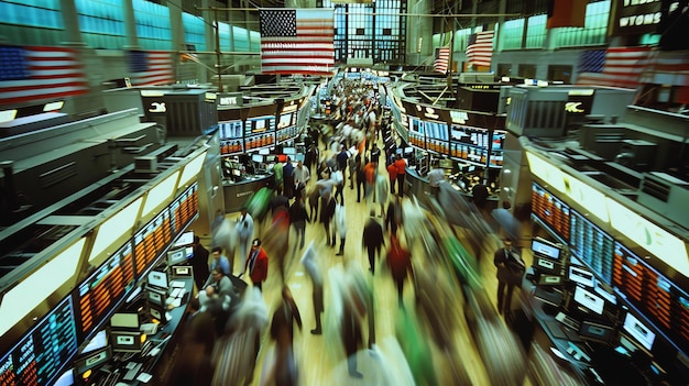A bustling stock market trading floor in GTA VI, showcasing intricate digital displays, financial data, and player characters potentially engaging in virtual market manipulation.