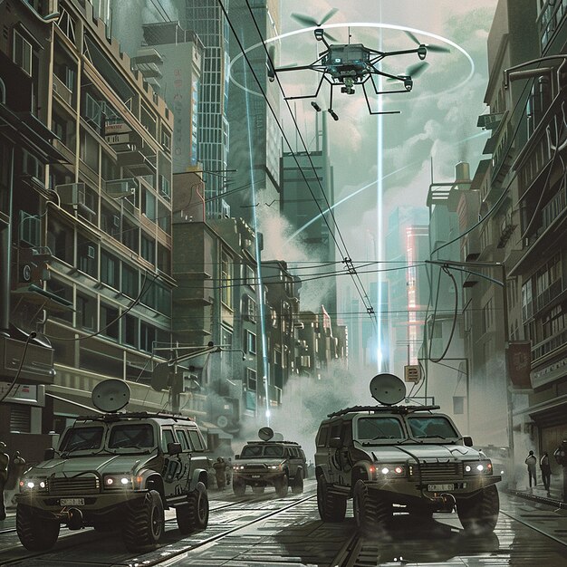 A concept art showing a police helicopter using advanced tracking tech on a player's car in a gritty, urban environment, indicating high-tech AI.
