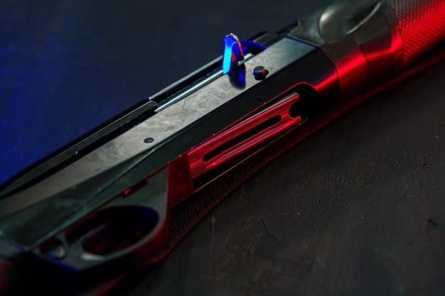 Close-up shot of a hand holding a next-generation assault rifle with advanced optics and laser aiming module. The rifle has a sleek, futuristic design with customizable attachments. The background is blurred, focusing on the weapon's details and the texture of the hand.