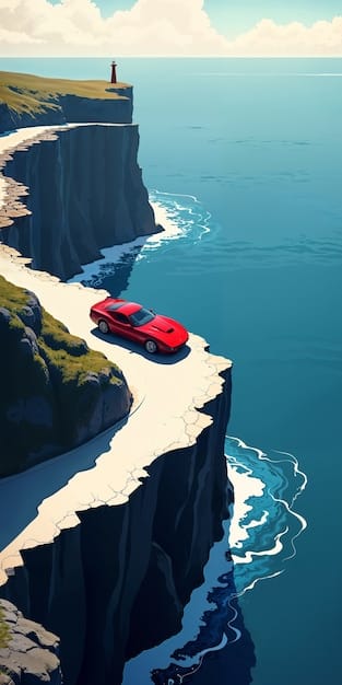 A concept art depicting a high-speed car chase scene on a coastal highway, with modern sports cars weaving through traffic and police vehicles in pursuit. The setting is a vibrant, sun-drenched city with palm trees lining the road, resembling a modernized version of Vice City (Miami).