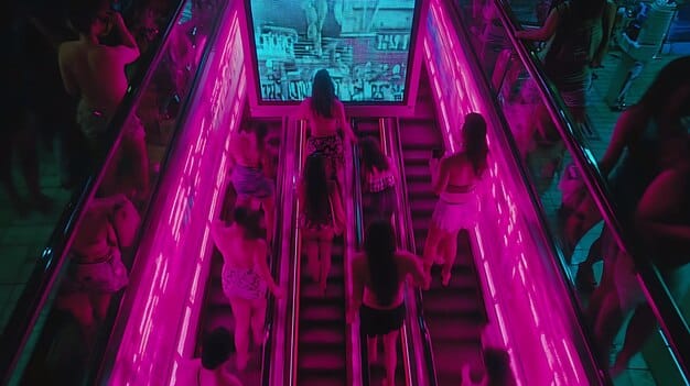 A digital illustration showcasing a bustling nightlife scene inside a neon-lit nightclub. The club is filled with diverse characters dancing, interacting, and enjoying drinks. The background features vibrant lighting effects and high-tech DJ equipment, creating a modern and immersive atmosphere.