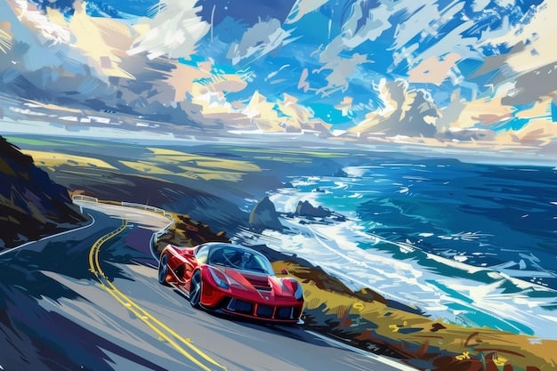 An artistic representation of a player character driving a sports car along a coastal highway, with a vast ocean on one side and a detailed cityscape on the other, capturing the sense of freedom and scale in a potential GTA 6 map.