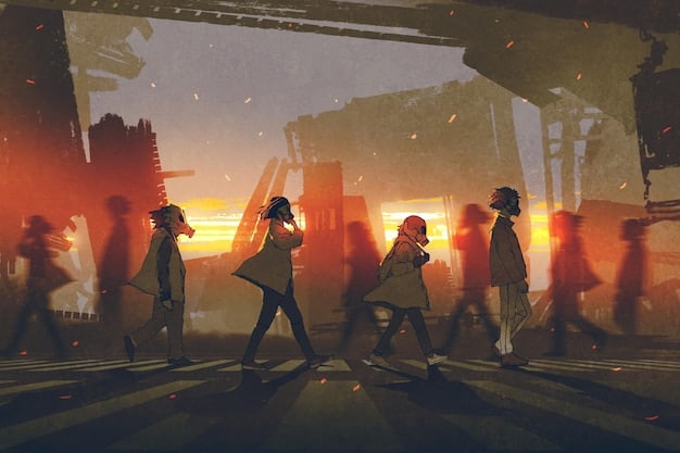 A concept art depicting a diverse cast of characters standing against a backdrop of a bustling cityscape, representing the rumored multiple playable characters and complex storyline of GTA 6.