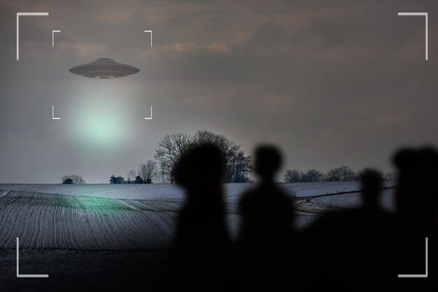 A screenshot of a character looking through binoculars at a distant, blurry object in the sky. The object faintly resembles a UFO, and the character is standing in a rural, desolate area.