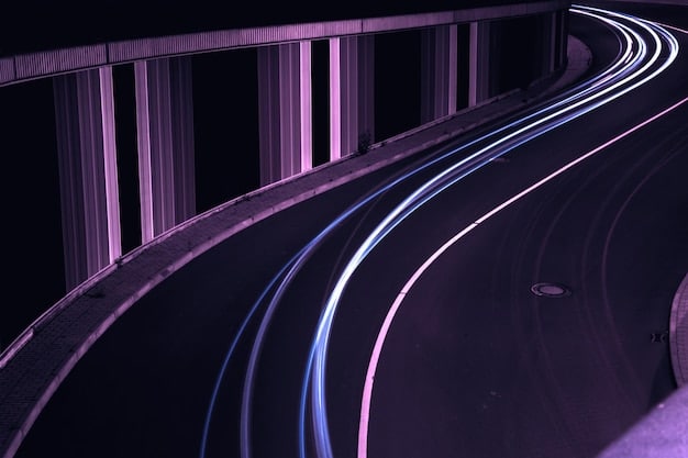 A stylized rendering of a highway interchange at night in GTA 6, with neon lights reflecting off wet asphalt. The interchange features complex overpasses and underpasses, with a variety of vehicles (cars, trucks, motorcycles) navigating the different levels. The background shows a vibrant cityscape with skyscrapers and illuminated signs.