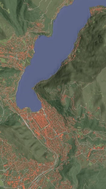 A detailed topographic map showing contour lines, rivers, and forests, with specific landmarks like buildings and towers marked for reference.