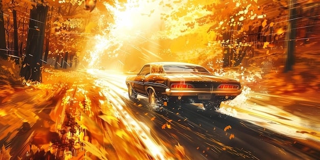 A digital painting of a high-speed car chase in GTA 6, featuring one car jumping off a cliff while another follows closely, with explosions and dynamic lighting.