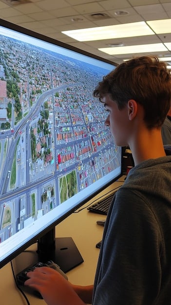 GTA 6 gameplay screen showing a player planning a route on the map using the grid system, marking waypoints to different locations. The overlay displays numbered streets and district names, showcasing how players can effectively organize their journey using the in-game map features.