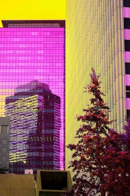 A close-up screenshot from the GTA 6 trailer focusing on the architecture and modern design elements of buildings in the new Vice City. The image should capture the details of stores, advertisements, and pedestrian activities along the street.