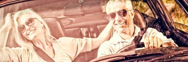 A split screen image. One side shows a couple in a classic car, laughing and enjoying a sunny day; the other side shows the same couple arguing, the car pulled over on a dark, rainy road. The contrast symbolizes the ups and downs, the 