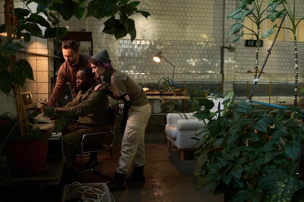 A medium shot depicting Lucia and Jason in the midst of planning something, possibly strategizing for their next move. The setting is an abandoned building, with maps and blueprints spread across a makeshift table, highlighting their meticulous approach to crime.