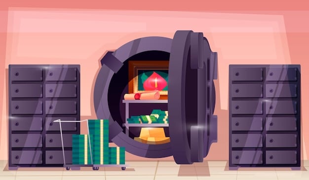 A dramatic scene inside the bank vault, showcasing characters rapidly filling duffel bags with cash and valuables. The vault is brightly lit, with stacks of money and gold bars visible, while characters work efficiently to maximize their haul despite the ticking clock.