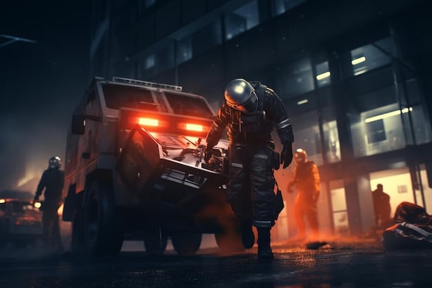 A player character in GTA 6 using a heavily armored vehicle to easily break through an enemy barricade during a mission.