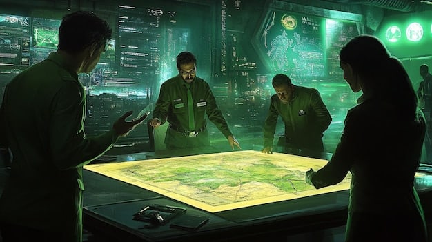 Planning a heist on a large holographic table with city maps marked with routes and security points in GTA 6.