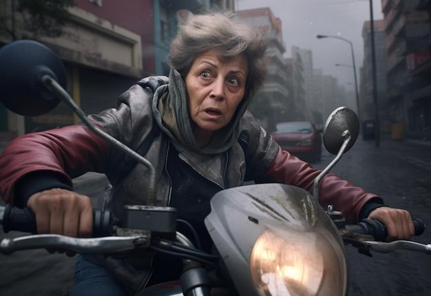 Close-up of a GTA 6 character skillfully driving a motorcycle through a narrow alleyway, highlighting evasive maneuvers and awareness of surroundings during a chase.