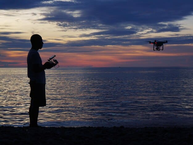 A screenshot of a player in GTA 6 using a drone to scout out a high-security area, with enemy patrol routes highlighted on the drone's display. The player is strategically planning their infiltration route.
