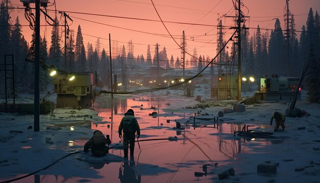 A GTA 6 character standing near a flooded street with downed electrical wires, showcasing the potential for an electrical hazard exploit. Enemies are approaching unaware, creating a tense atmosphere.