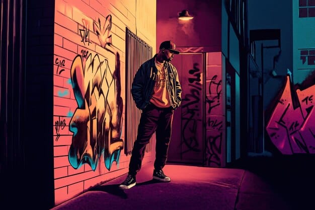 A character in GTA 6 is leaning against a graffiti-covered wall in an alleyway, using the shadow for concealment. The lighting is dim, emphasizing the effectiveness of urban camouflage. There are trash cans and discarded items scattered around, contributing to the gritty urban atmosphere.