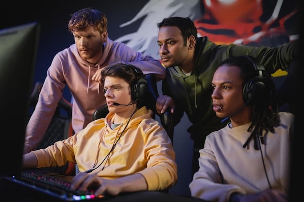 A diverse group of gamers, some wearing headsets, engaged in a multi-player online gaming session, with dynamic, high-frame-rate game graphics visible on screens in the background.