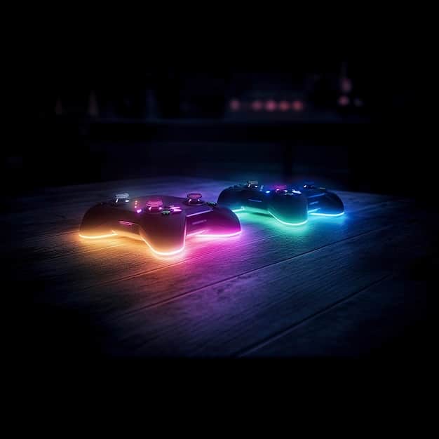 A futuristic gaming controller resting on a glowing Xbox console, with game graphics and data projected onto the wall in the background, symbolizing an advanced, immersive gaming experience.