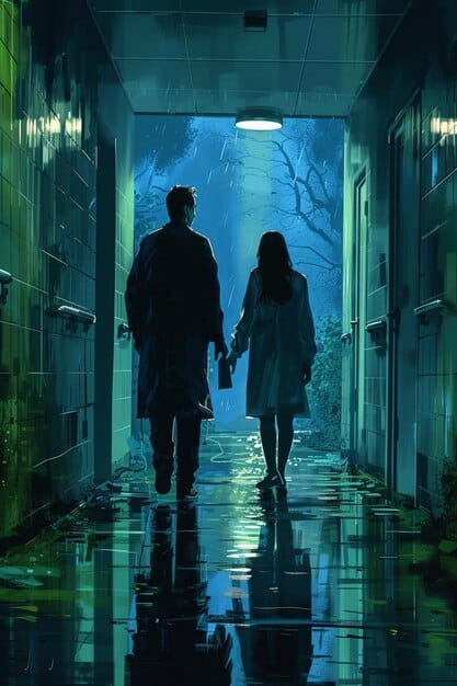 Lucia and Jason standing side-by-side, overlooking a detailed nighttime cityscape of Vice City, their faces illuminated by distant neon lights, suggesting a moment of quiet reflection before their next big score.