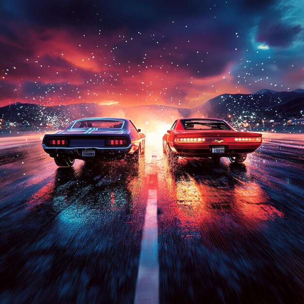 A high-speed car chase sequence in GTA VI, showcasing two distinct vehicles (one driven by Lucia, one by Jason) skillfully maneuvering through a crowded intersection in Vice City, with police sirens and flashing lights in the background.