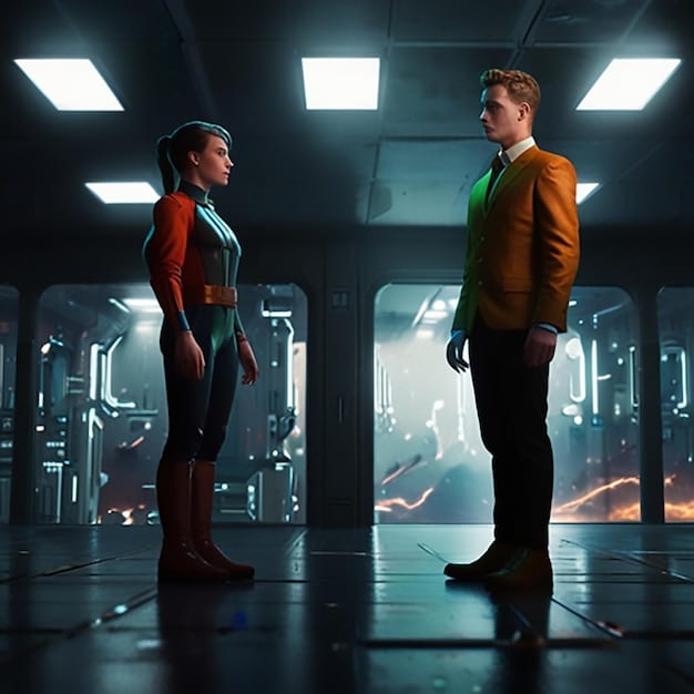 Lucia and Jason mid-heist, looking determined and working together against a backdrop of a high-tech vault, showcasing their dynamic partnership and the game's intense action.