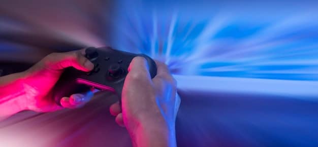 A close-up shot of a gamer's hands holding a PS5 DualSense controller, with a vibrant game world displayed on a large TV screen in the background, subtly out of focus.