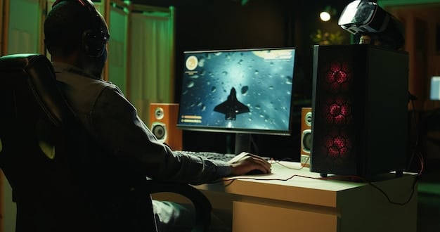 A gamer intensely focused on a high-resolution, ultra-wide gaming monitor displaying a visually rich, complex scene from a modern video game, emphasizing graphical fidelity. A high-end keyboard and mouse are visible.