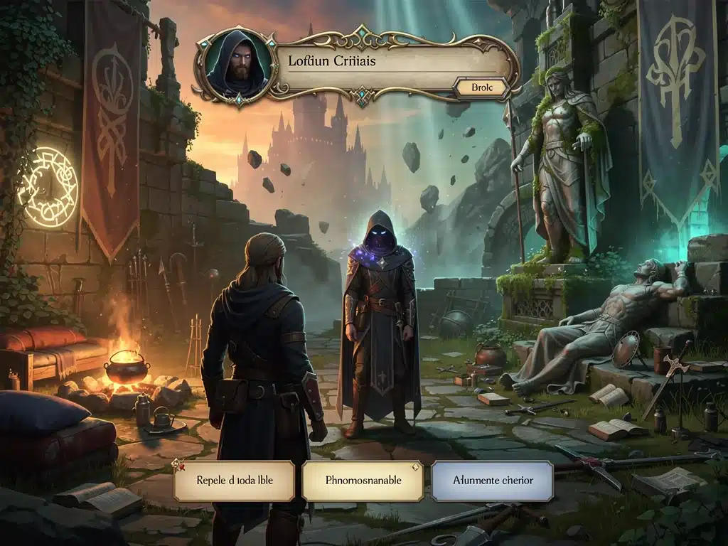 Screenshot of a fantasy story-driven game's dialogue scene, showcasing detailed environment.