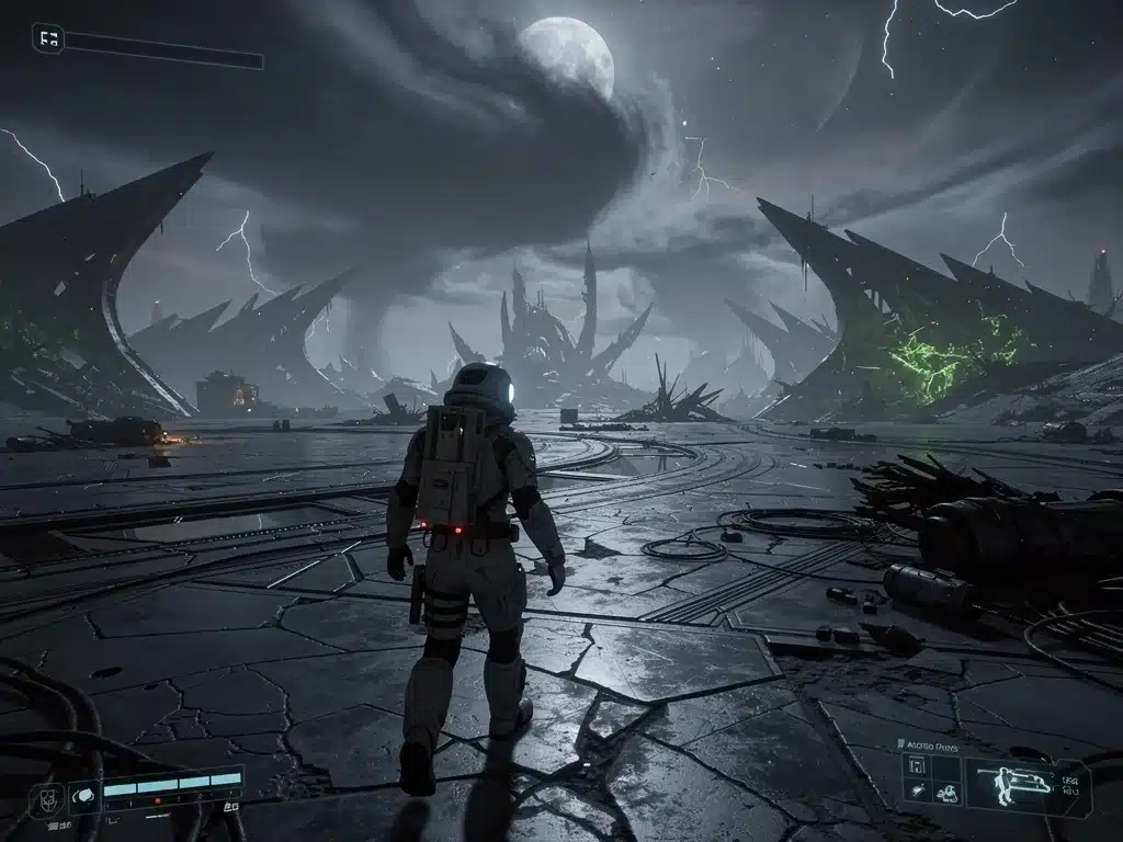 Screenshot of a sci-fi story-driven game, showing a character in a desolate futuristic landscape.